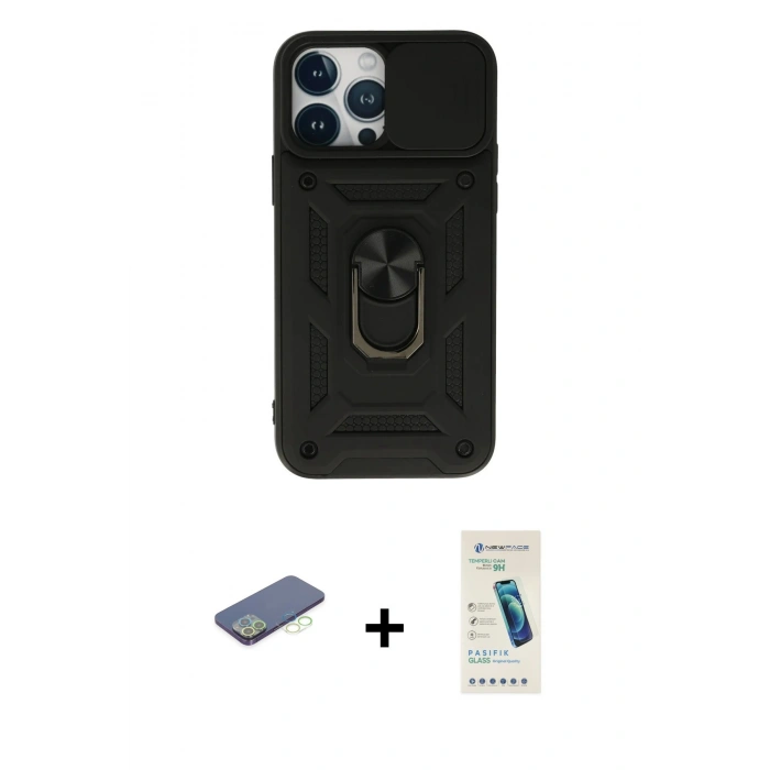 MARSİLYAN™- iPhone 13 Pro Max Kılıf Ahenk Klasik - Şeffaf Pasifik Cam Ekran Koruyucu + Renkli Kamera Lens Koruma Cam - YL