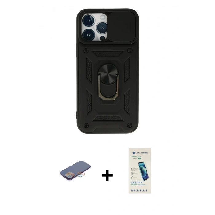 MARSİLYAN™- iPhone 13 Pro Max Kılıf Ahenk Klasik - Şeffaf Pasifik Cam Ekran Koruyucu + Renkli Kamera Lens Koruma Cam - PE