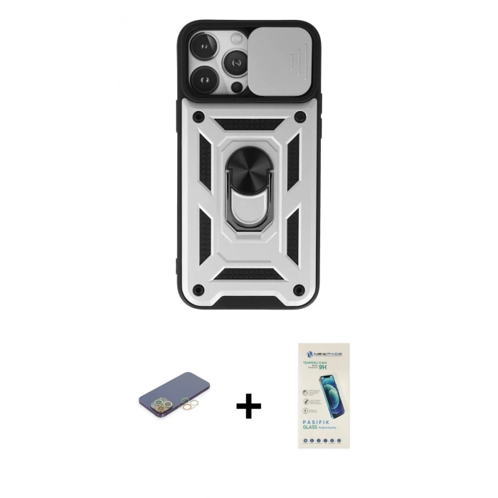 MARSİLYAN™- iPhone 13 Pro Max Kılıf Ahenk Klasik - Şeffaf Pasifik Cam Ekran Koruyucu + Renkli Kamera Lens Koruma Cam - SI