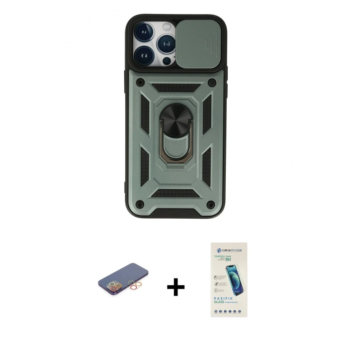 MARSİLYAN™- iPhone 13 Pro Max Kılıf Ahenk Klasik - Şeffaf Pasifik Cam Ekran Koruyucu + Renkli Kamera Lens Koruma Cam - TU