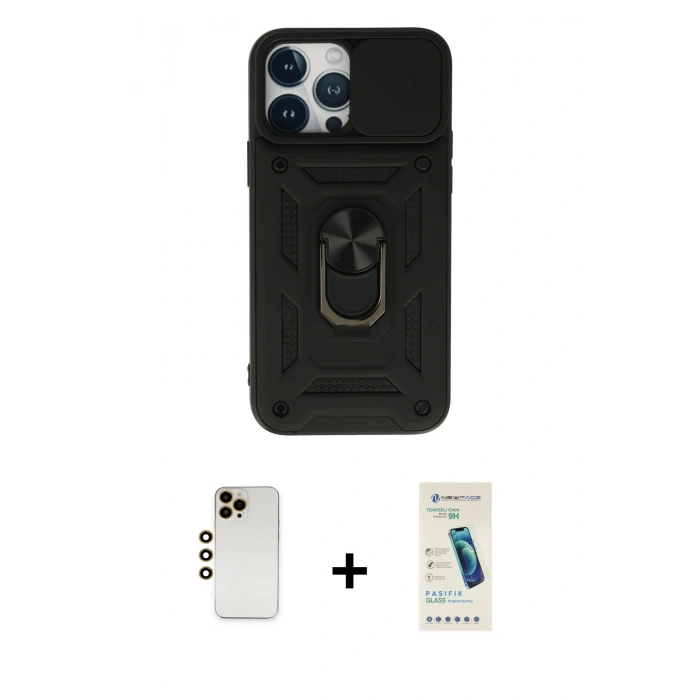 MARSİLYAN™- iPhone 13 Pro Max Kılıf Ahenk Klasik - Şeffaf Pasifik Cam Ekran Koruyucu + Shine Kamera Lens - GD