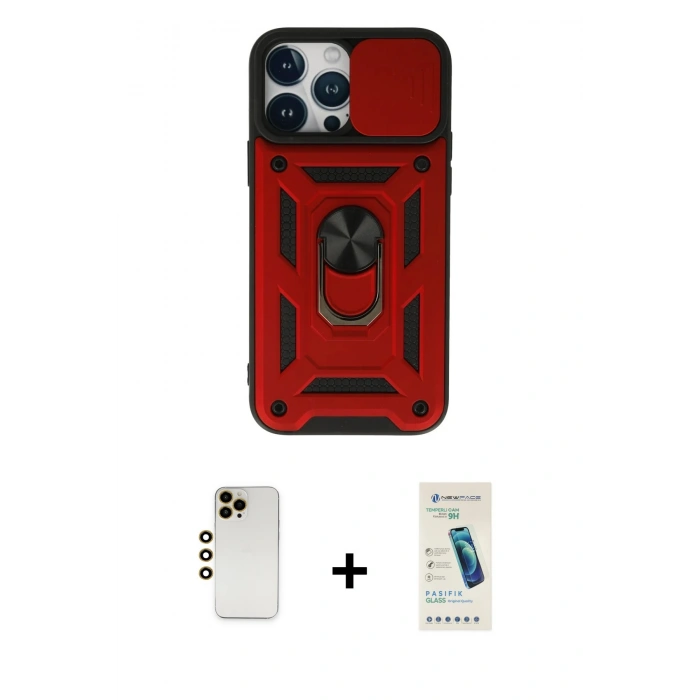 MARSİLYAN™- iPhone 13 Pro Max Kılıf Ahenk Klasik - Şeffaf Pasifik Cam Ekran Koruyucu + Shine Kamera Lens - GD