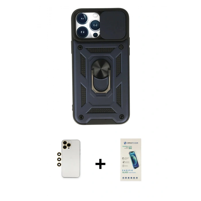 MARSİLYAN™- iPhone 13 Pro Max Kılıf Ahenk Klasik - Şeffaf Pasifik Cam Ekran Koruyucu + Shine Kamera Lens - GD