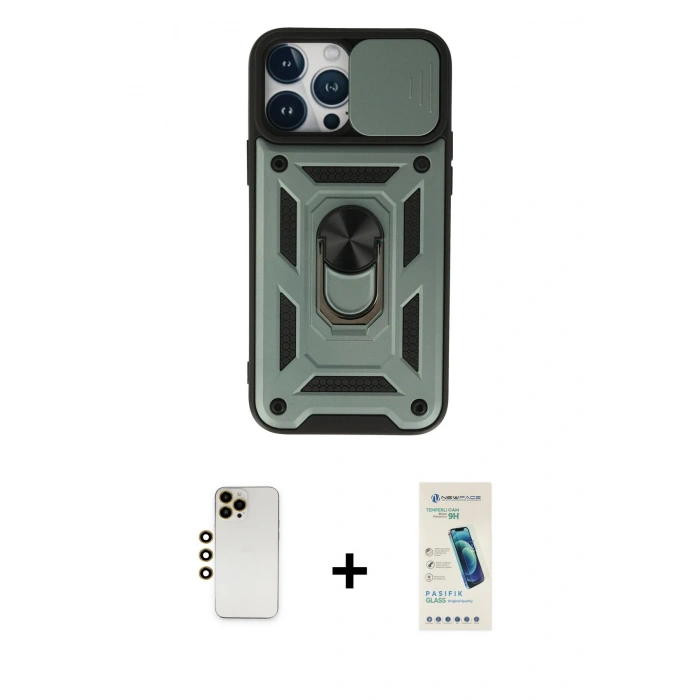 MARSİLYAN™- iPhone 13 Pro Max Kılıf Ahenk Klasik - Şeffaf Pasifik Cam Ekran Koruyucu + Shine Kamera Lens - GD