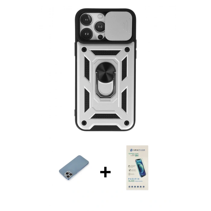 MARSİLYAN™- iPhone 13 Pro Max Kılıf Ahenk Klasik - Şeffaf Pasifik Cam Ekran Koruyucu + Shine Kamera Lens Koruma Cam - GI