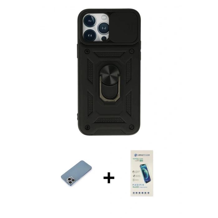 MARSİLYAN™- iPhone 13 Pro Max Kılıf Ahenk Klasik - Şeffaf Pasifik Cam Ekran Koruyucu + Shine Kamera Lens Koruma Cam - GI