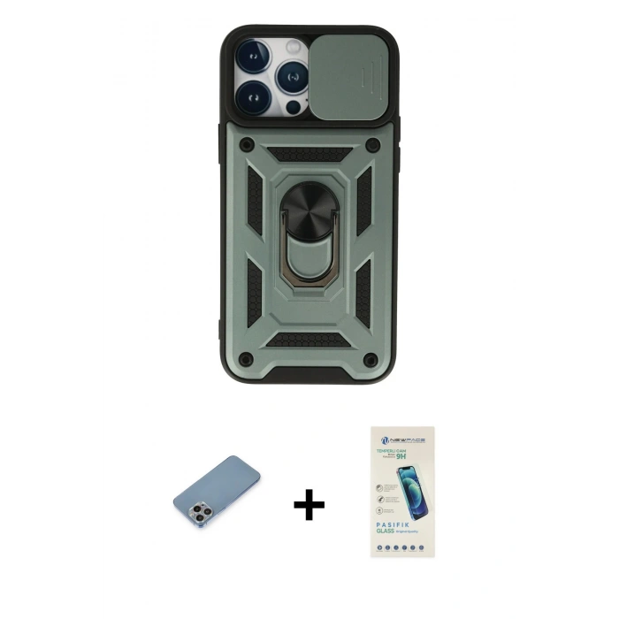 MARSİLYAN™- iPhone 13 Pro Max Kılıf Ahenk Klasik - Şeffaf Pasifik Cam Ekran Koruyucu + Shine Kamera Lens Koruma Cam - GI
