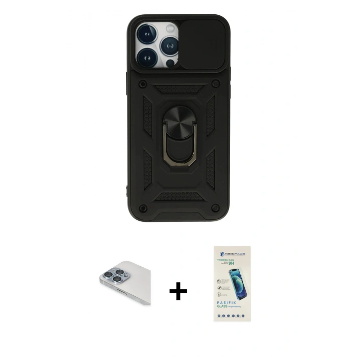 MARSİLYAN™- iPhone 13 Pro Max Kılıf Ahenk Klasik - Şeffaf Pasifik Cam Ekran Koruyucu + Pers Alüminyum Kamera Lens - SABE
