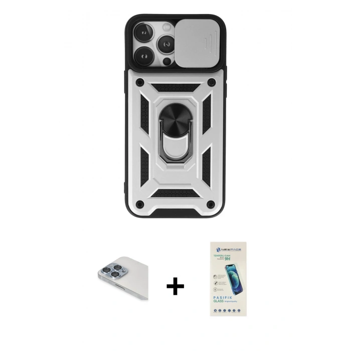 MARSİLYAN™- iPhone 13 Pro Max Kılıf Ahenk Klasik - Şeffaf Pasifik Cam Ekran Koruyucu + Pers Alüminyum Kamera Lens - SABE