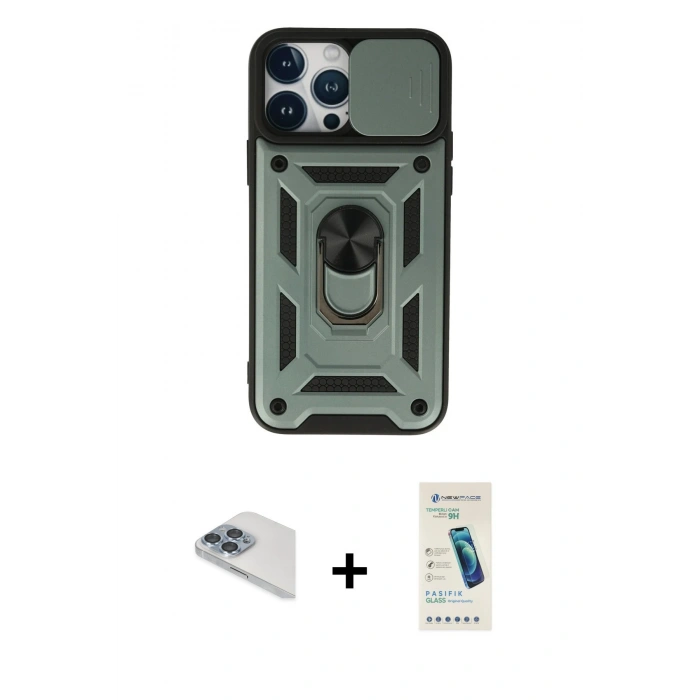 MARSİLYAN™- iPhone 13 Pro Max Kılıf Ahenk Klasik - Şeffaf Pasifik Cam Ekran Koruyucu + Pers Alüminyum Kamera Lens - SABE