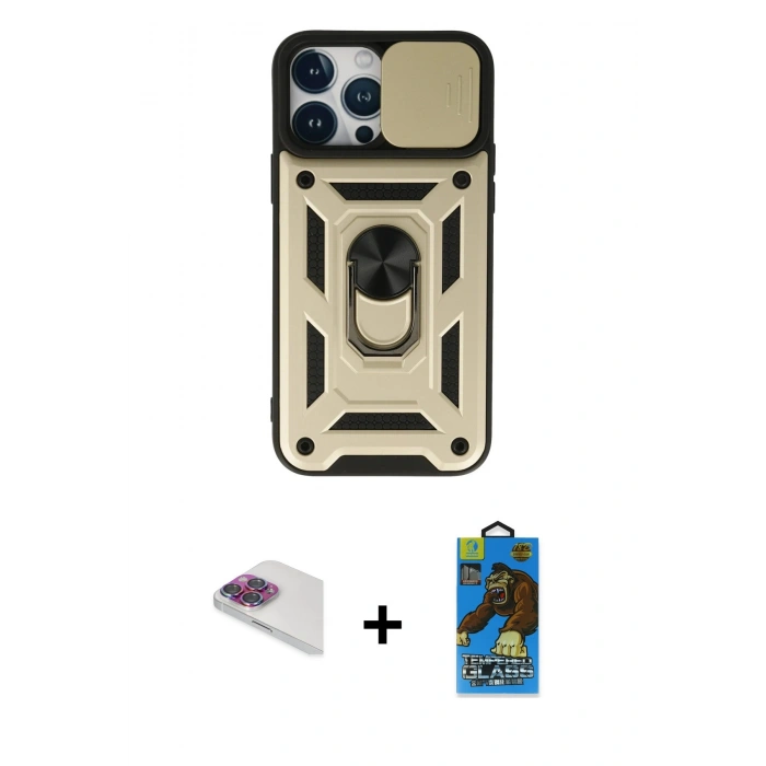 MARSİLYAN™- iPhone 13 Pro Max Kılıf Ahenk Klasik - Siyah 18D Cam Ekran Koruyucu + Gökkuşağı Pers Alüminyum Kamera Lens
