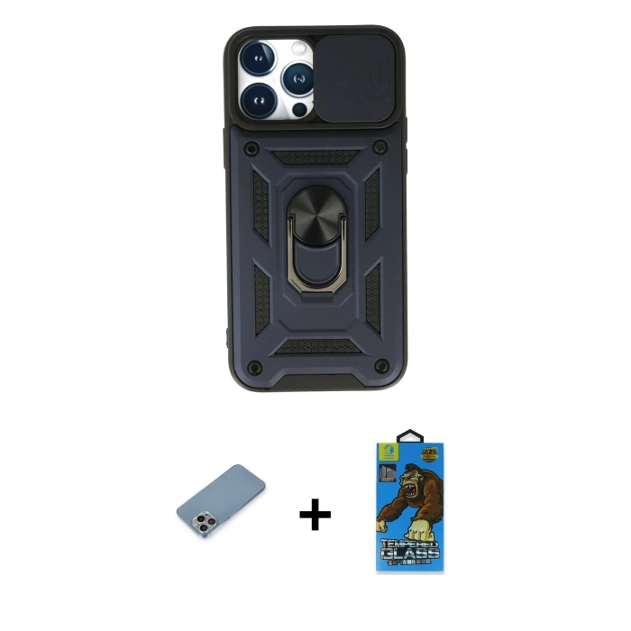 MARSİLYAN™- iPhone 13 Pro Max Kılıf Ahenk Klasik - Siyah 18D Cam Ekran Koruyucu + Shine Kamera Lens Koruma Cam - GI