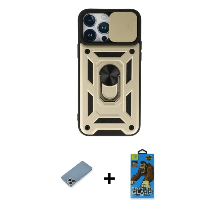 MARSİLYAN™- iPhone 13 Pro Max Kılıf Ahenk Klasik - Siyah 18D Cam Ekran Koruyucu + Shine Kamera Lens Koruma Cam - GI