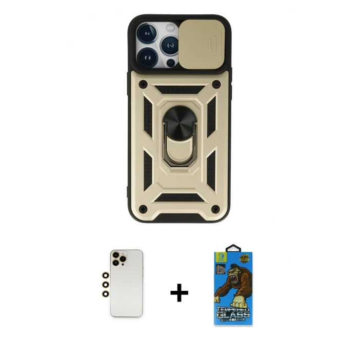 MARSİLYAN™- iPhone 13 Pro Max Kılıf Ahenk Klasik - Siyah 18D Cam Ekran Koruyucu + Shine Kamera Lens - GD