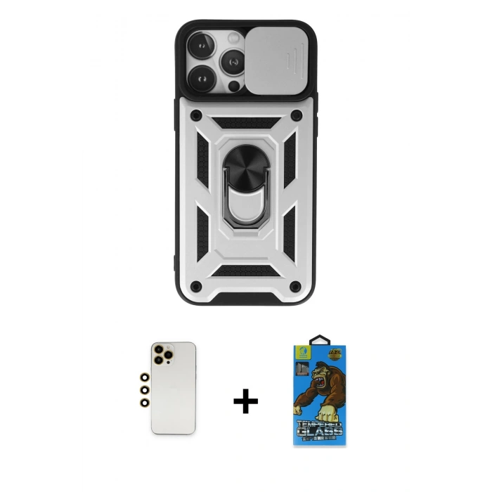 MARSİLYAN™- iPhone 13 Pro Max Kılıf Ahenk Klasik - Siyah 18D Cam Ekran Koruyucu + Shine Kamera Lens - GD