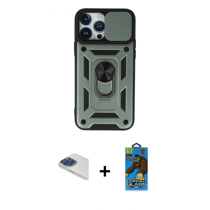 MARSİLYAN™- iPhone 13 Pro Max Kılıf Ahenk Klasik - Siyah 18D Cam Ekran Koruyucu + Pers Alüminyum Kamera Lens - LT