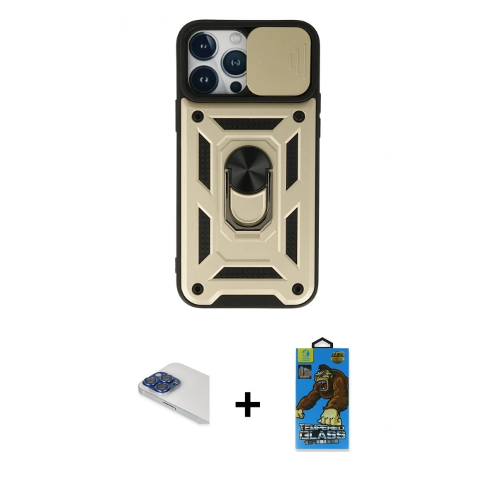 MARSİLYAN™- iPhone 13 Pro Max Kılıf Ahenk Klasik - Siyah 18D Cam Ekran Koruyucu + Pers Alüminyum Kamera Lens - LT