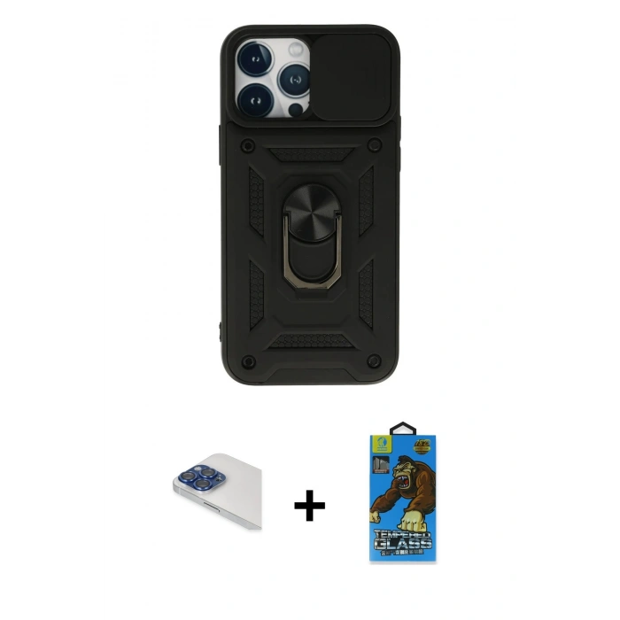 MARSİLYAN™- iPhone 13 Pro Max Kılıf Ahenk Klasik - Siyah 18D Cam Ekran Koruyucu + Pers Alüminyum Kamera Lens - LT