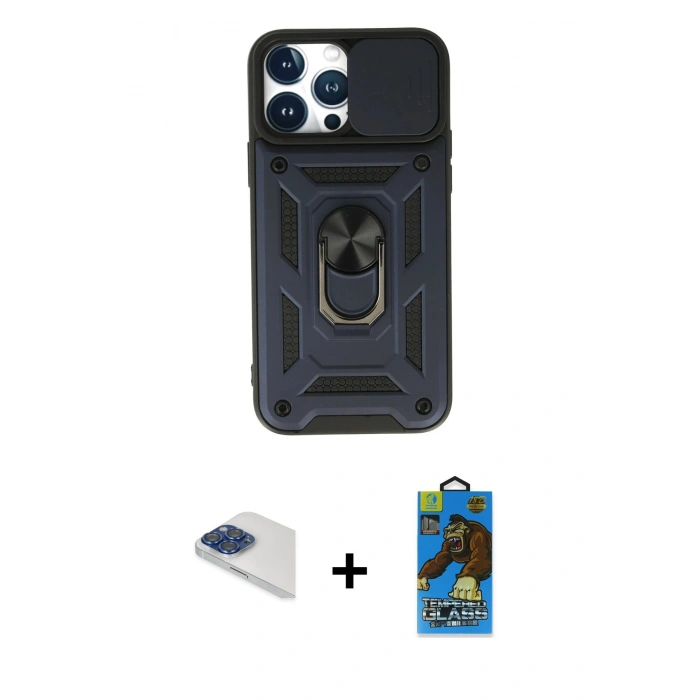 MARSİLYAN™- iPhone 13 Pro Max Kılıf Ahenk Klasik - Siyah 18D Cam Ekran Koruyucu + Pers Alüminyum Kamera Lens - LT