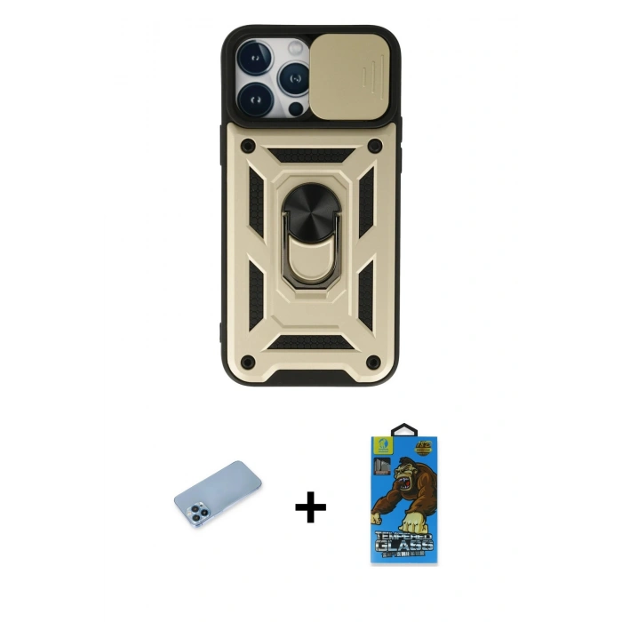 MARSİLYAN™- iPhone 13 Pro Max Kılıf Ahenk Klasik - Siyah 18D Cam Ekran Koruyucu + Shine Kamera Lens Koruma Cam - MI