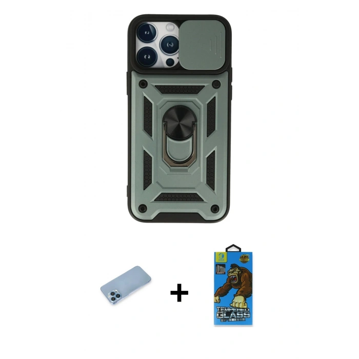 MARSİLYAN™- iPhone 13 Pro Max Kılıf Ahenk Klasik - Siyah 18D Cam Ekran Koruyucu + Shine Kamera Lens Koruma Cam - MI