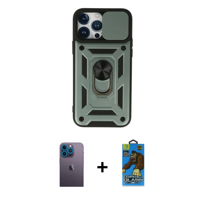 MARSİLYAN™- iPhone 13 Pro Max Kılıf Ahenk Klasik - Siyah 18D Cam Ekran Koruyucu + Neon Fosforlu Kamera Lens - MI