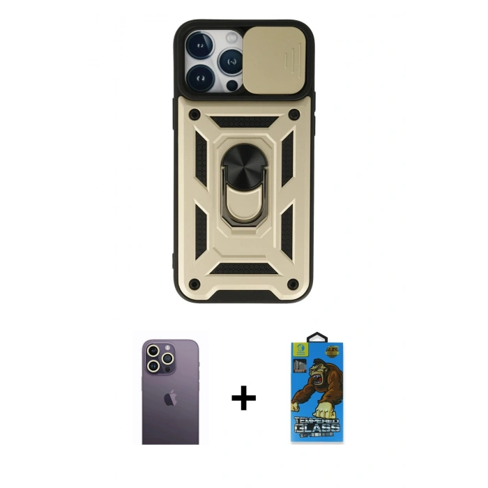MARSİLYAN™- iPhone 13 Pro Max Kılıf Ahenk Klasik - Siyah 18D Cam Ekran Koruyucu + Neon Fosforlu Kamera Lens - BZ