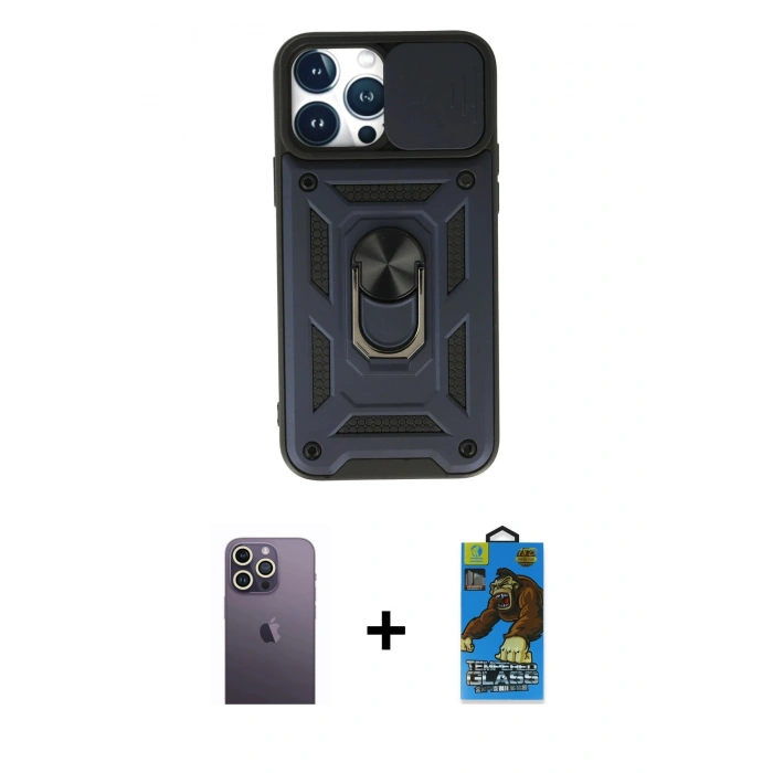 MARSİLYAN™- iPhone 13 Pro Max Kılıf Ahenk Klasik - Siyah 18D Cam Ekran Koruyucu + Neon Fosforlu Kamera Lens - BZ