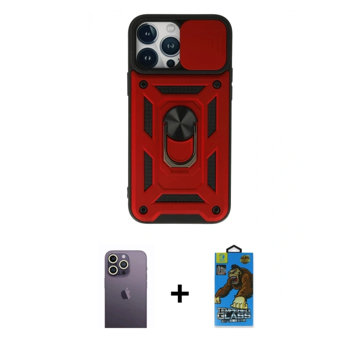 MARSİLYAN™- iPhone 13 Pro Max Kılıf Ahenk Klasik - Siyah 18D Cam Ekran Koruyucu + Neon Fosforlu Kamera Lens - BZ