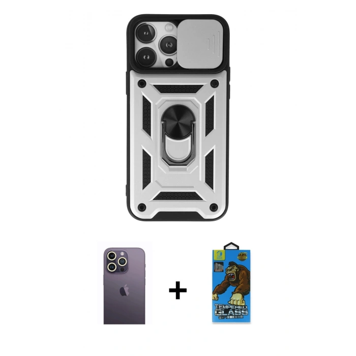 MARSİLYAN™- iPhone 13 Pro Max Kılıf Ahenk Klasik - Siyah 18D Cam Ekran Koruyucu + Neon Fosforlu Kamera Lens - BZ