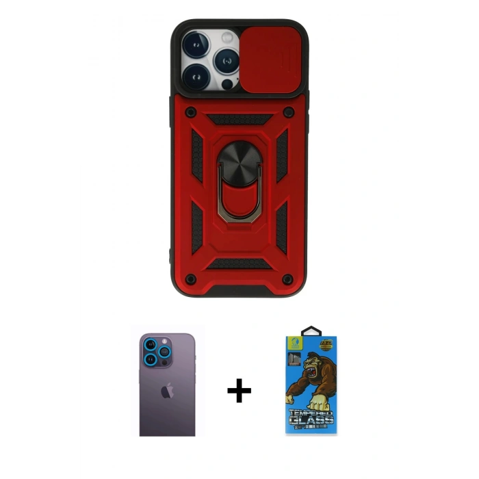 MARSİLYAN™- iPhone 13 Pro Max Kılıf Ahenk Klasik - Siyah 18D Cam Ekran Koruyucu + Neon Fosforlu Kamera Lens - MI