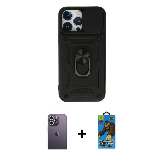 MARSİLYAN™- iPhone 13 Pro Max Kılıf Ahenk Klasik - Siyah 18D Cam Ekran Koruyucu + Neon Fosforlu Kamera Lens - BZ