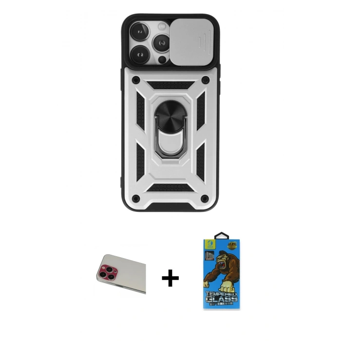 MARSİLYAN™- iPhone 13 Pro Max Kılıf Ahenk Klasik - Siyah 18D Cam Ekran Koruyucu + Rainbow Kamera Lens Koruma Cam - KI