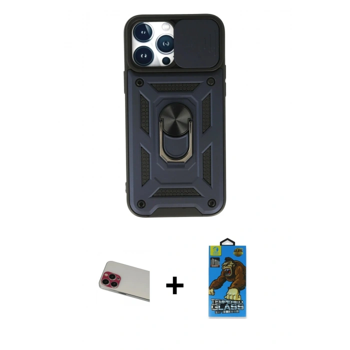 MARSİLYAN™- iPhone 13 Pro Max Kılıf Ahenk Klasik - Siyah 18D Cam Ekran Koruyucu + Rainbow Kamera Lens Koruma Cam - KI