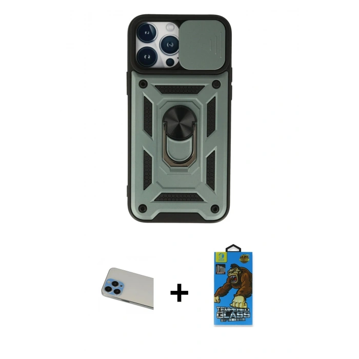 MARSİLYAN™- iPhone 13 Pro Max Kılıf Ahenk Klasik - Siyah 18D Cam Ekran Koruyucu + Rainbow Kamera Lens Koruma Cam - MI