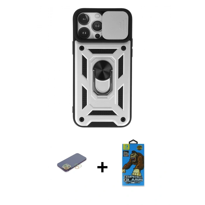 MARSİLYAN™- iPhone 13 Pro Max Kılıf Ahenk Klasik - Siyah 18D Cam Ekran Koruyucu + Renkli Kamera Lens Koruma Cam - SI