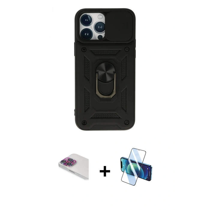 MARSİLYAN™- iPhone 13 Pro Max Kılıf Ahenk Klasik - Siyah 3D Antistatik Cam Ekran Koruyucu + Pers Alüminyum Kamera Lens - GI