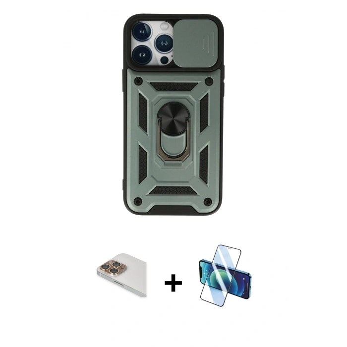 MARSİLYAN™- iPhone 13 Pro Max Kılıf Ahenk Klasik - Siyah 3D Antistatik Cam Ekran Koruyucu + Pers Alüminyum Kamera Lens - GD