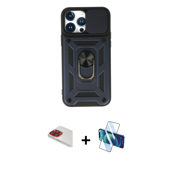 MARSİLYAN™- iPhone 13 Pro Max Kılıf Ahenk Klasik - Siyah 3D Antistatik Cam Ekran Koruyucu + Pers Alüminyum Kamera Lens - KI