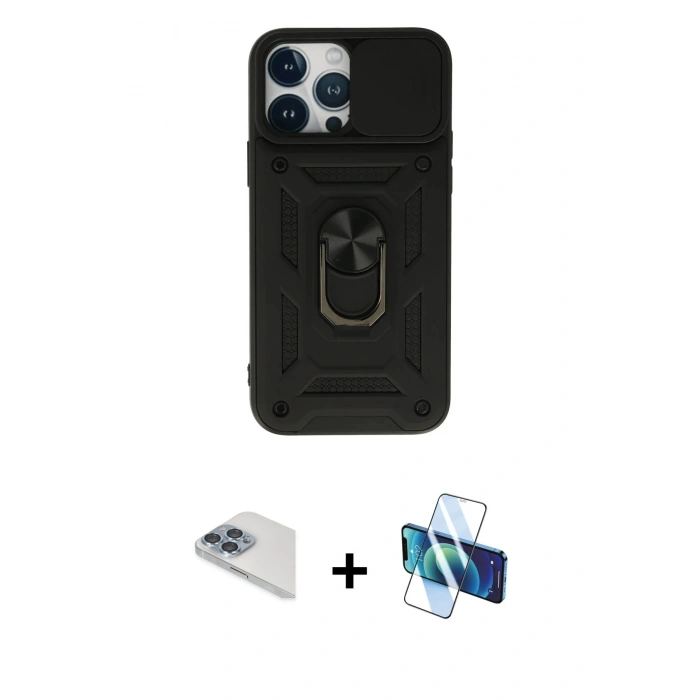 MARSİLYAN™- iPhone 13 Pro Max Kılıf Ahenk Klasik - Siyah 3D Antistatik Cam Ekran Koruyucu + Pers Alüminyum Kamera Lens - SABE