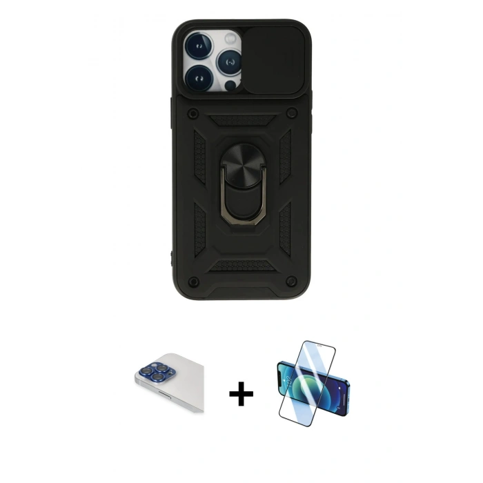 MARSİLYAN™- iPhone 13 Pro Max Kılıf Ahenk Klasik - Siyah 3D Antistatik Cam Ekran Koruyucu + Pers Alüminyum Kamera Lens - LT
