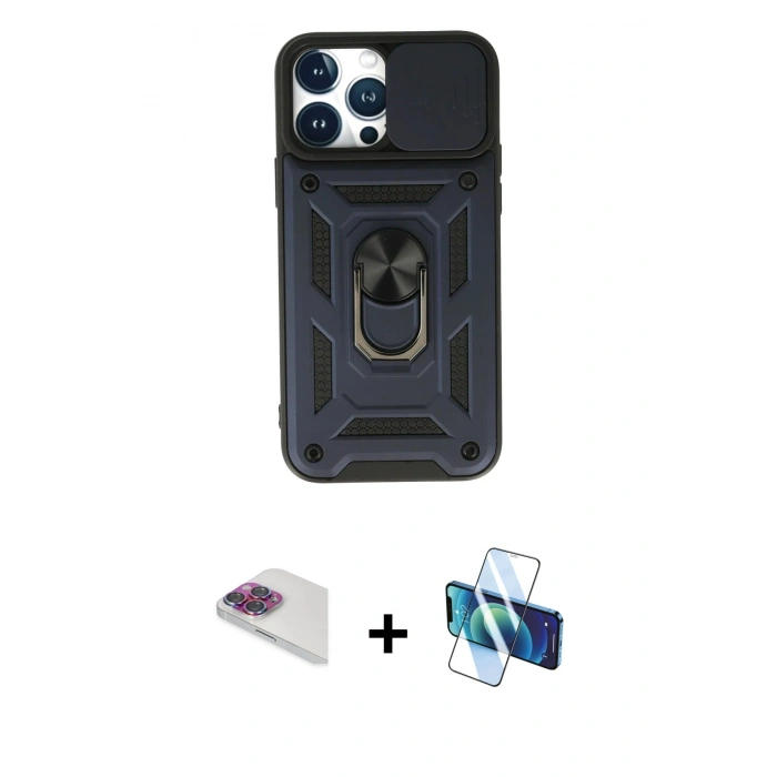 MARSİLYAN™- iPhone 13 Pro Max Kılıf Ahenk Klasik - Siyah 3D Antistatik Cam Ekran Koruyucu + Pers Alüminyum Kamera Lens - GI