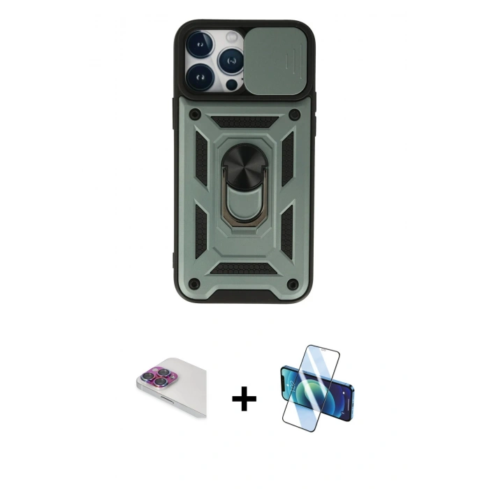 MARSİLYAN™- iPhone 13 Pro Max Kılıf Ahenk Klasik - Siyah 3D Antistatik Cam Ekran Koruyucu + Pers Alüminyum Kamera Lens - GI