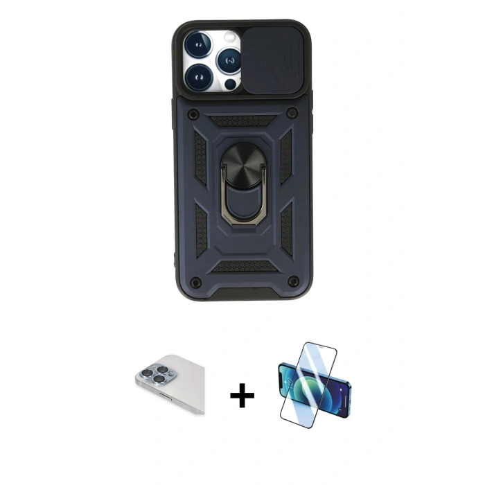 MARSİLYAN™- iPhone 13 Pro Max Kılıf Ahenk Klasik - Siyah 3D Antistatik Cam Ekran Koruyucu + Pers Alüminyum Kamera Lens - SABE