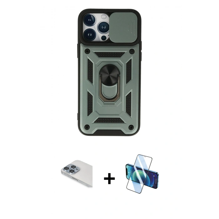 MARSİLYAN™- iPhone 13 Pro Max Kılıf Ahenk Klasik - Siyah 3D Antistatik Cam Ekran Koruyucu + Pers Alüminyum Kamera Lens - SABE