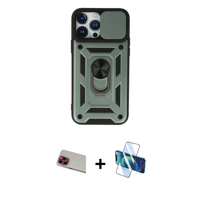 MARSİLYAN™- iPhone 13 Pro Max Kılıf Ahenk Klasik - Siyah 3D Antistatik Cam Ekran Koruyucu + Rainbow Kamera Lens Koruma Cam - KI