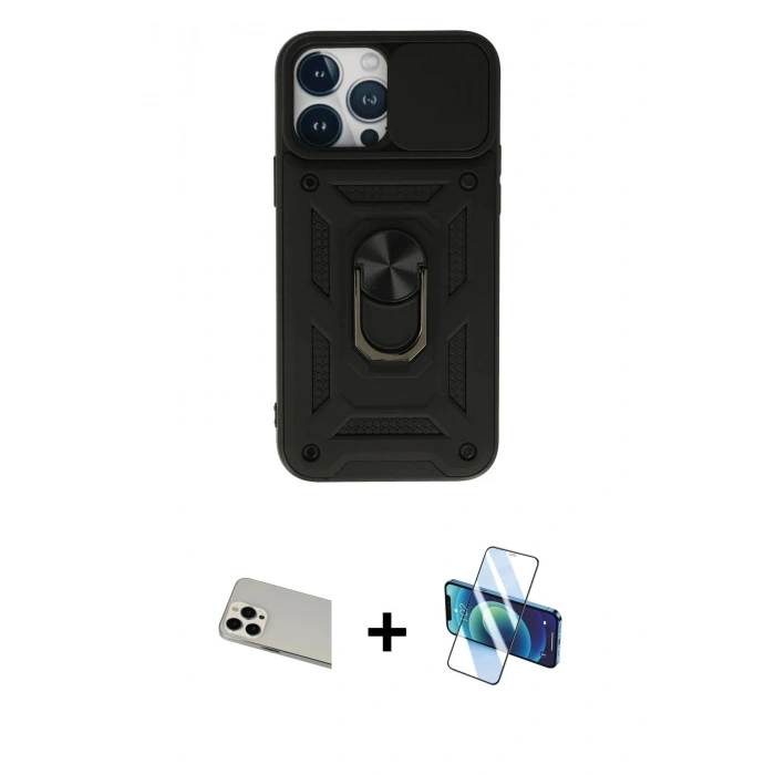 MARSİLYAN™- iPhone 13 Pro Max Kılıf Ahenk Klasik - Siyah 3D Antistatik Cam Ekran Koruyucu + Rainbow Kamera Lens Koruma Cam - BZ