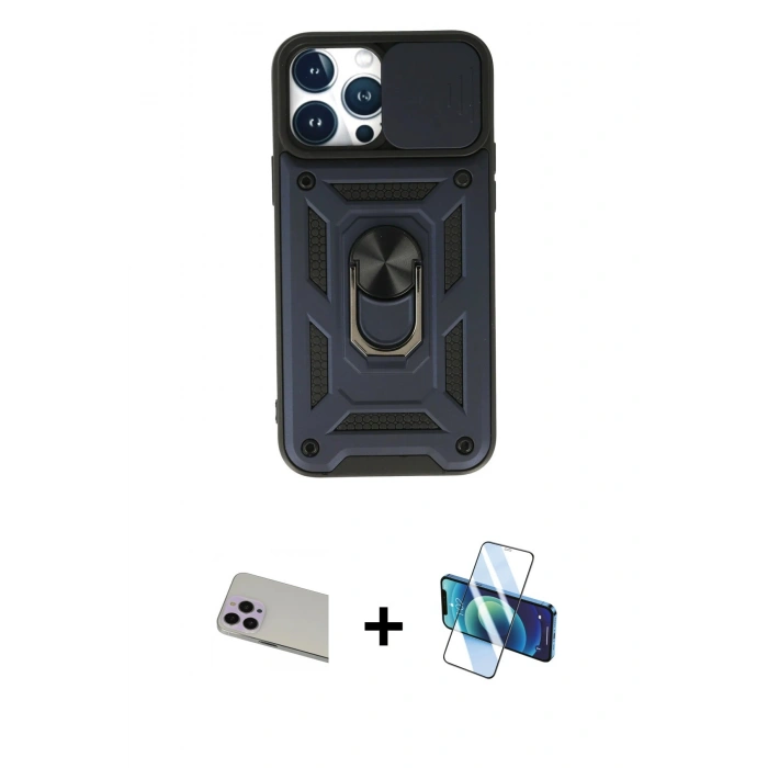MARSİLYAN™- iPhone 13 Pro Max Kılıf Ahenk Klasik - Siyah 3D Antistatik Cam Ekran Koruyucu + Rainbow Kamera Lens Koruma Cam - MR