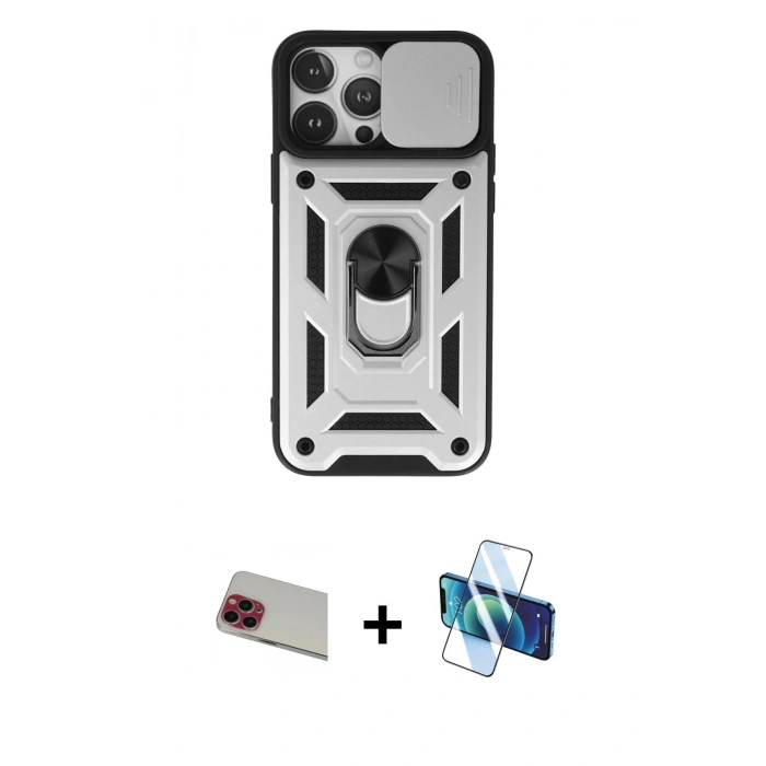 MARSİLYAN™- iPhone 13 Pro Max Kılıf Ahenk Klasik - Siyah 3D Antistatik Cam Ekran Koruyucu + Rainbow Kamera Lens Koruma Cam - KI