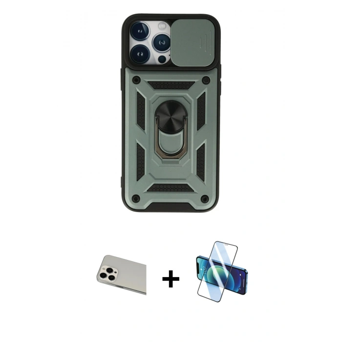 MARSİLYAN™- iPhone 13 Pro Max Kılıf Ahenk Klasik - Siyah 3D Antistatik Cam Ekran Koruyucu + Rainbow Kamera Lens Koruma Cam - BZ